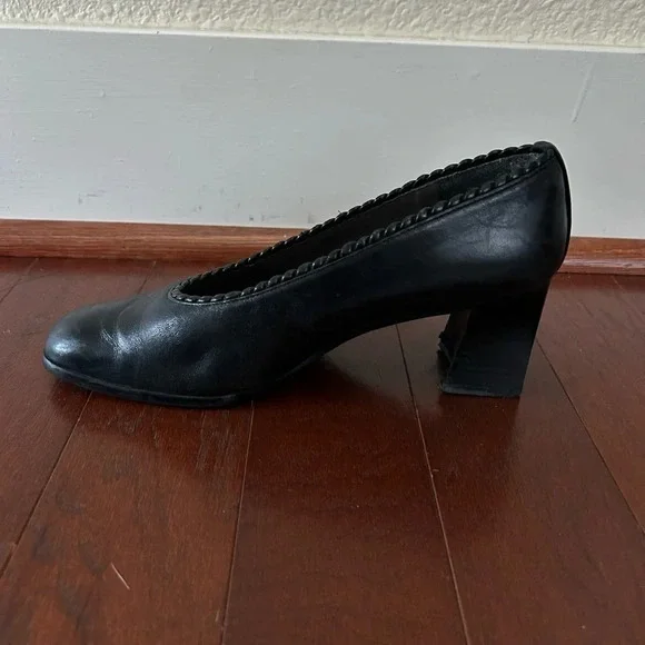 Stuart Weitzman Leather Pumps Black Acetate Trim Square-toes block heels size 7 - Picture 2 of 10